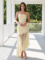Butter Satin A-Line Straight Neck Side Zip Floor-Length Dress with Lace Godet Skirt - Curvevia