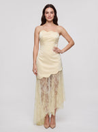 Butter Satin A-Line Straight Neck Side Zip Floor-Length Dress with Lace Godet Skirt - Curvevia