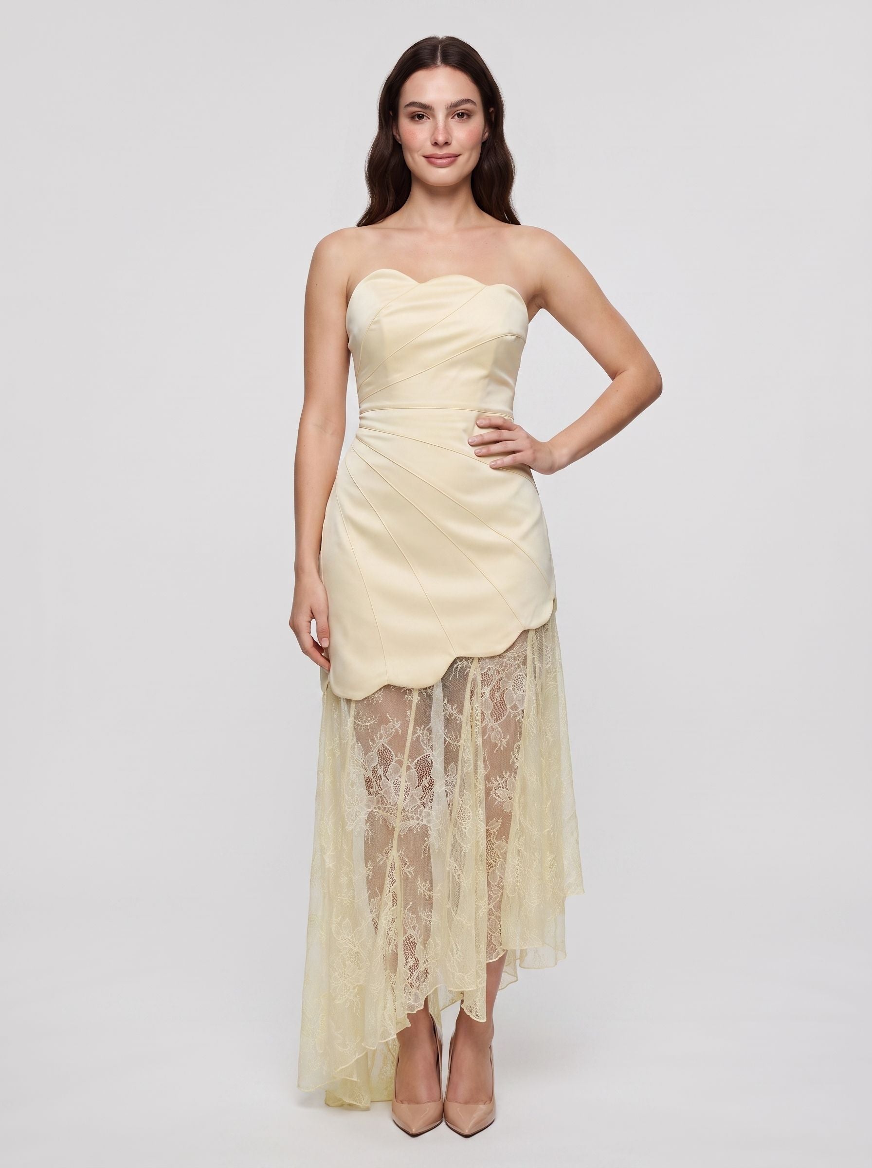 Butter Satin A-Line Straight Neck Side Zip Floor-Length Dress with Lace Godet Skirt - Curvevia