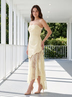 Butter Satin A-Line Straight Neck Side Zip Floor-Length Dress with Lace Godet Skirt - Curvevia