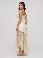 Butter Satin A-Line Straight Neck Side Zip Floor-Length Dress with Lace Godet Skirt - Curvevia