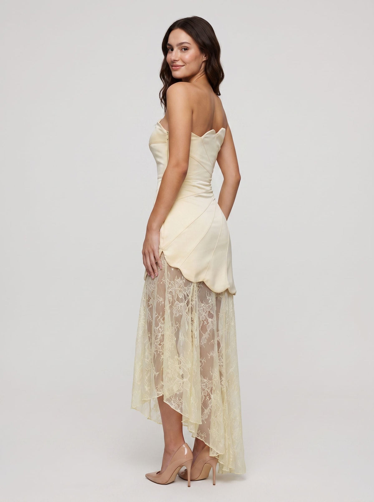 Butter Satin A-Line Straight Neck Side Zip Floor-Length Dress with Lace Godet Skirt - Curvevia