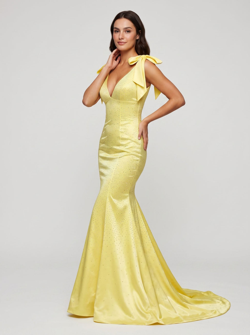 Lemon Satin Mermaid V-Neck Back Zip Floor-Length Dress with Beaded Bow - Curvevia