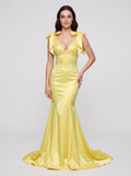 Lemon Satin Mermaid V-Neck Back Zip Floor-Length Dress with Beaded Bow - Curvevia