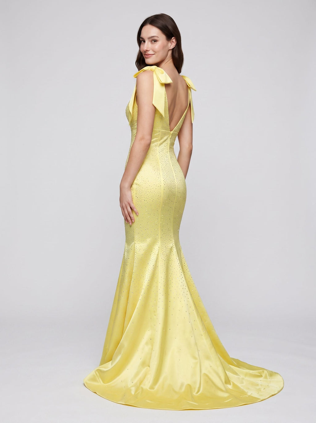 Lemon Satin Mermaid V-Neck Back Zip Floor-Length Dress with Beaded Bow - Curvevia