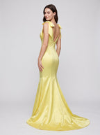 Lemon Satin Mermaid V-Neck Back Zip Floor-Length Dress with Beaded Bow - Curvevia
