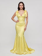 Lemon Satin Mermaid V-Neck Back Zip Floor-Length Dress with Beaded Bow - Curvevia
