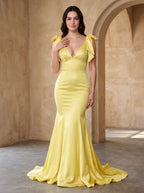 Lemon Satin Mermaid V-Neck Back Zip Floor-Length Dress with Beaded Bow - Curvevia