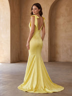 Lemon Satin Mermaid V-Neck Back Zip Floor-Length Dress with Beaded Bow - Curvevia