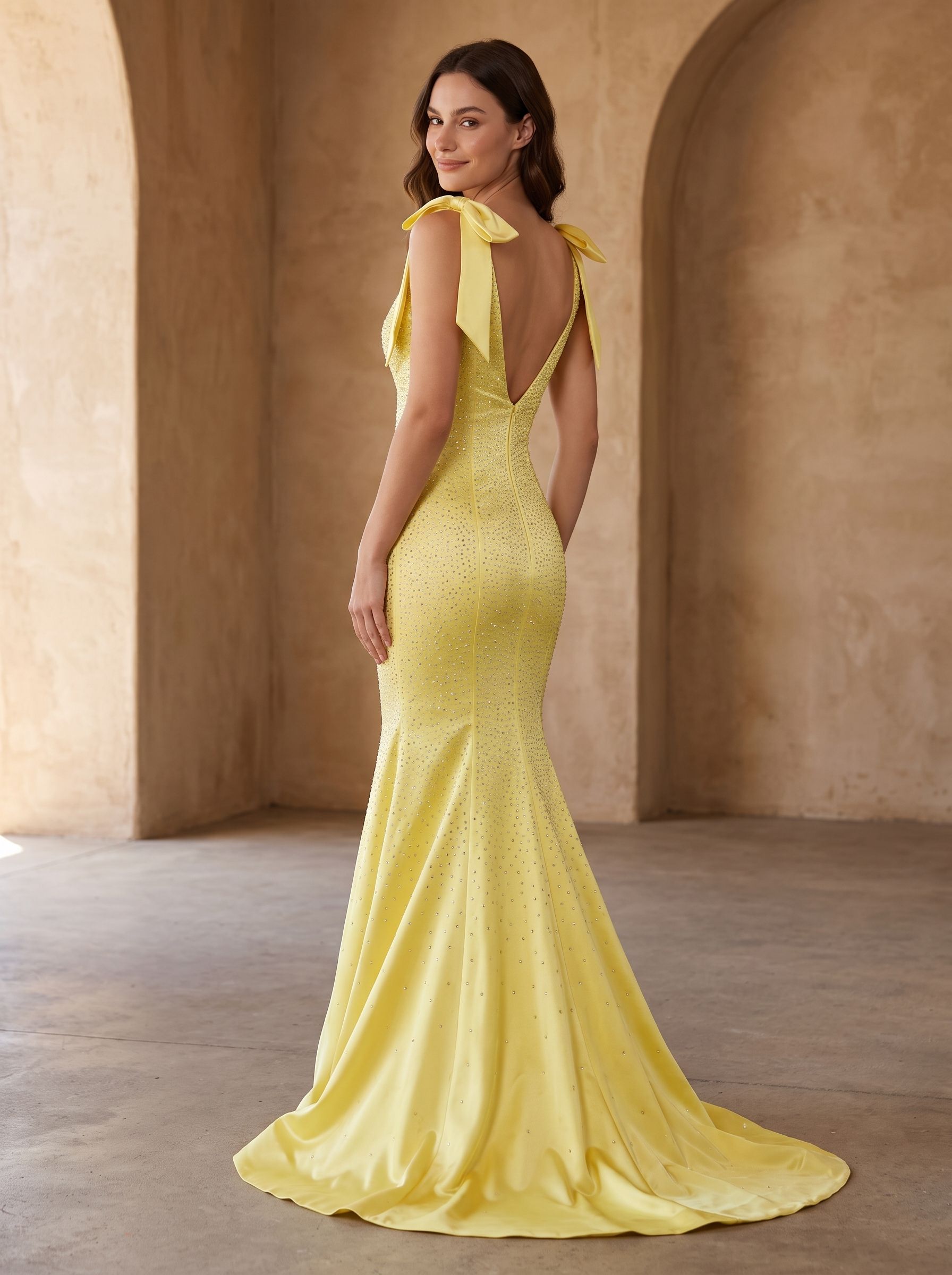 Lemon Satin Mermaid V-Neck Back Zip Floor-Length Dress with Beaded Bow - Curvevia