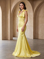Lemon Satin Mermaid V-Neck Back Zip Floor-Length Dress with Beaded Bow - Curvevia