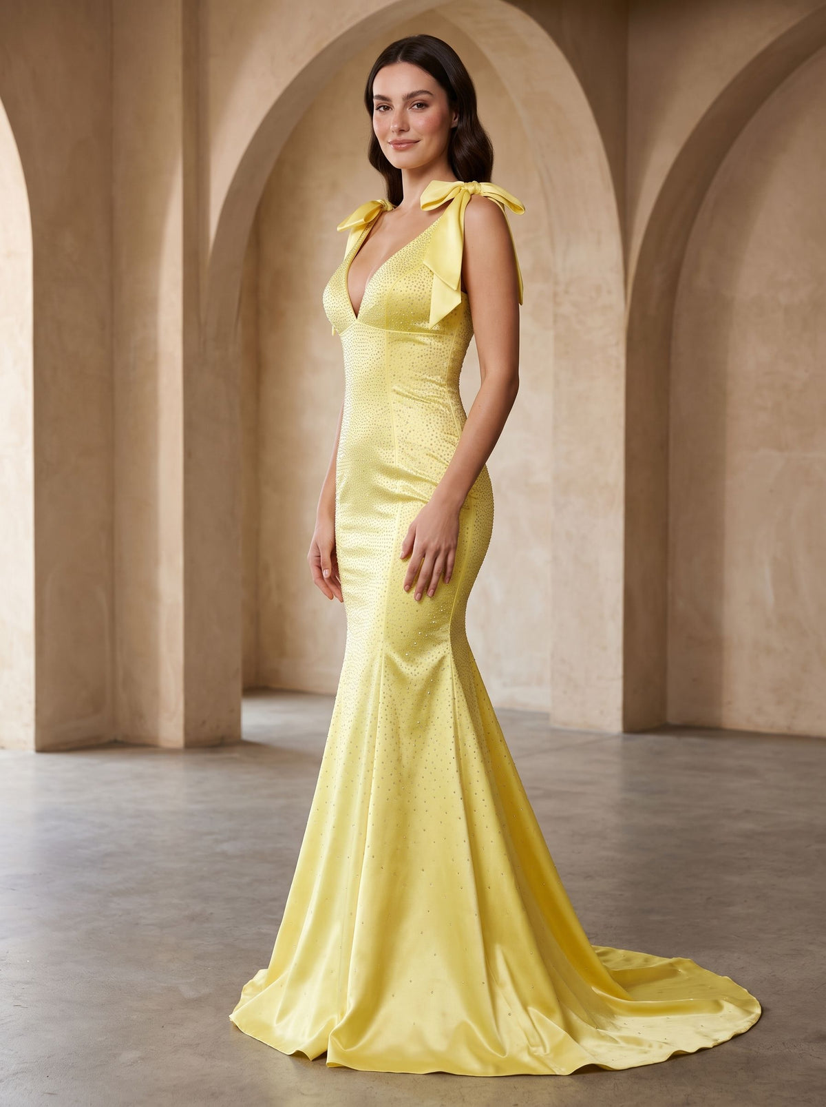 Lemon Satin Mermaid V-Neck Back Zip Floor-Length Dress with Beaded Bow - Curvevia