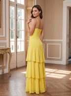 Lemon Satin Mermaid Sweetheart Back Zip Floor-Length Dress with Cascading Ruffles - Curvevia