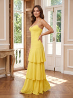 Lemon Satin Mermaid Sweetheart Back Zip Floor-Length Dress with Cascading Ruffles - Curvevia
