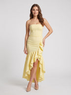 Daffodil Satin Sheath Straight Neck Side Zip Floor-Length Dress with Ruffles - Curvevia