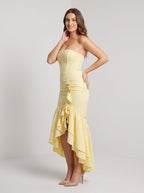Daffodil Satin Sheath Straight Neck Side Zip Floor-Length Dress with Ruffles - Curvevia
