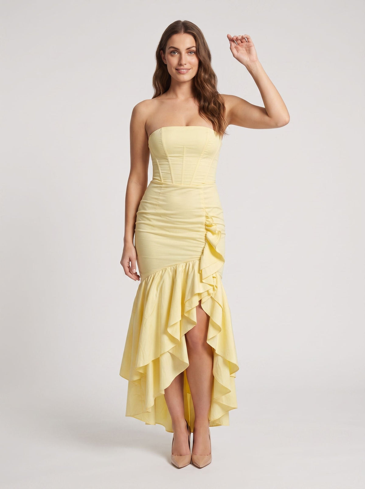 Daffodil Satin Sheath Straight Neck Side Zip Floor-Length Dress with Ruffles - Curvevia