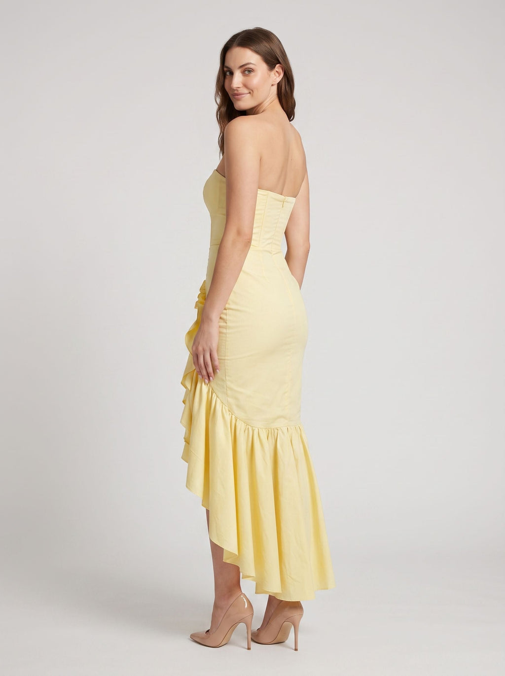 Daffodil Satin Sheath Straight Neck Side Zip Floor-Length Dress with Ruffles - Curvevia