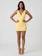 Daffodil Sequins Sheath V-Neck Side Zip Short Dress with Gathered Bust - Curvevia