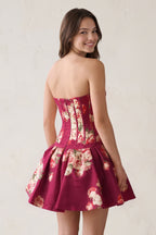 Lemon Sweetheart A-Line Floral Printed Satin Corset Homecoming Dress - Curvevia