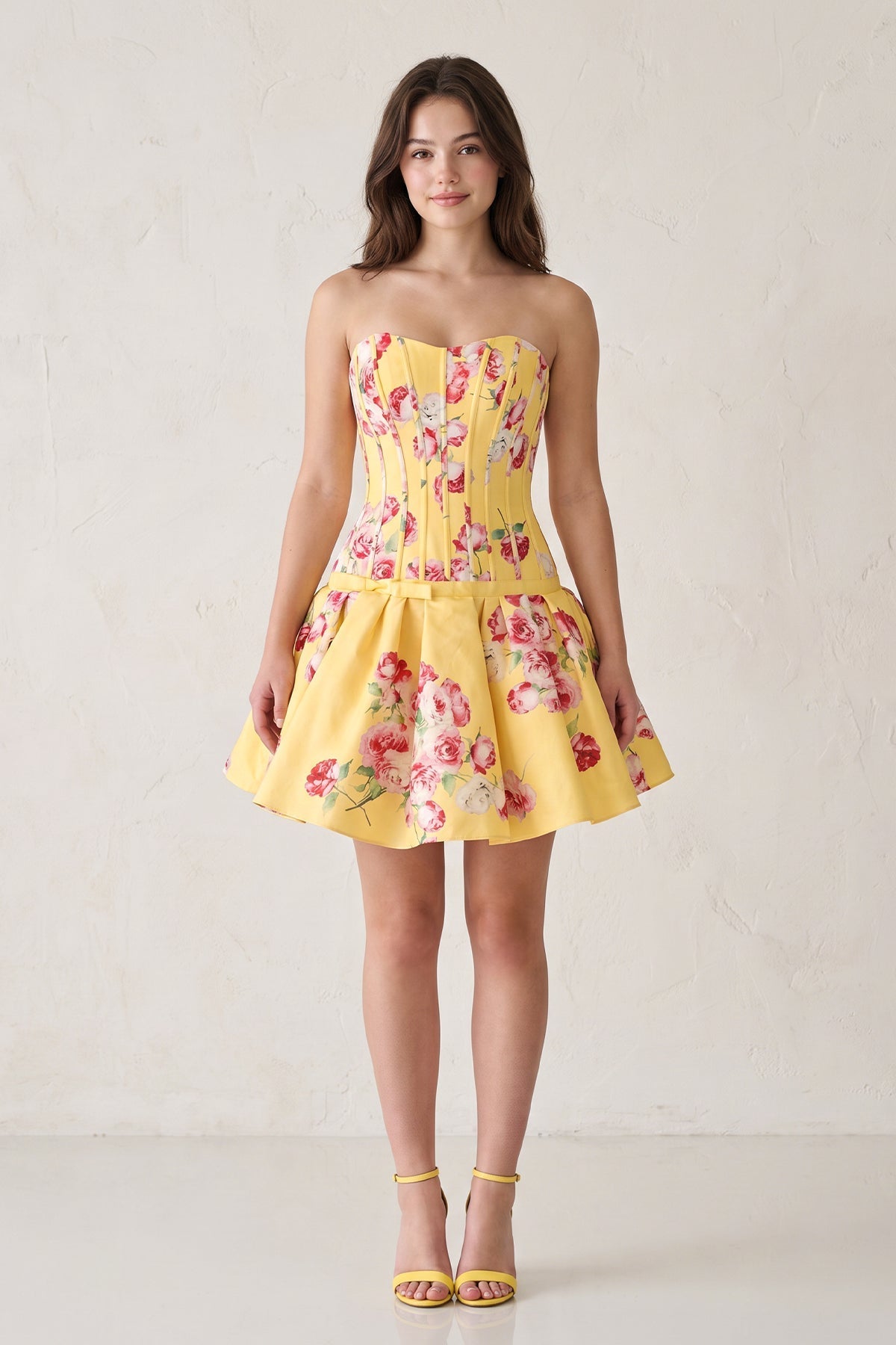 Lemon Sweetheart A-Line Floral Printed Satin Corset Homecoming Dress - Curvevia