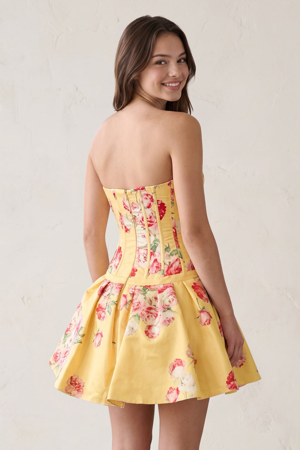 Lemon Sweetheart A-Line Floral Printed Satin Corset Homecoming Dress - Curvevia