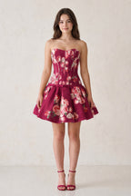 Lemon Sweetheart A-Line Floral Printed Satin Corset Homecoming Dress - Curvevia