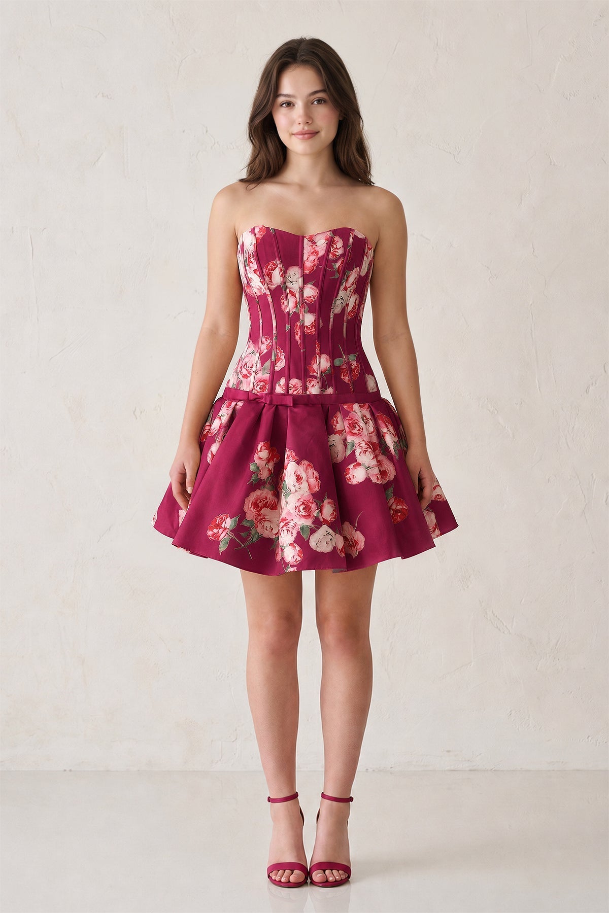 Lemon Sweetheart A-Line Floral Printed Satin Corset Homecoming Dress - Curvevia