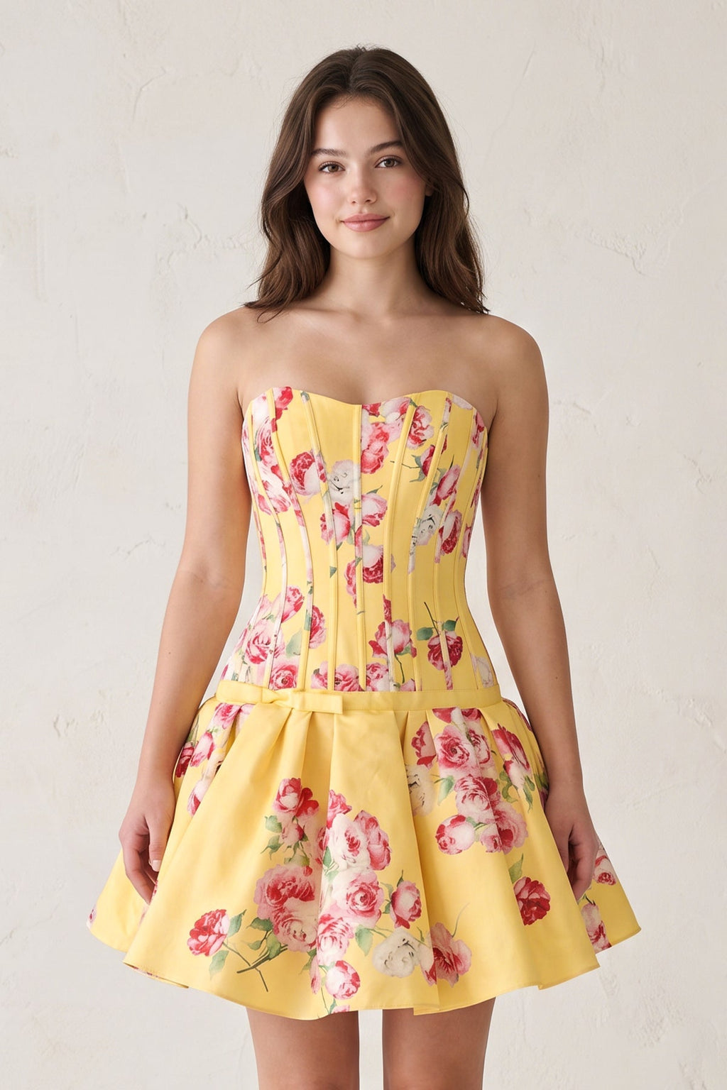 Lemon Sweetheart A-Line Floral Printed Satin Corset Homecoming Dress - Curvevia