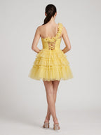 Lemon Tulle A-Line One Shoulder Lace-up Short Dress with Knotted Bodice and 3D Flower - Curvevia