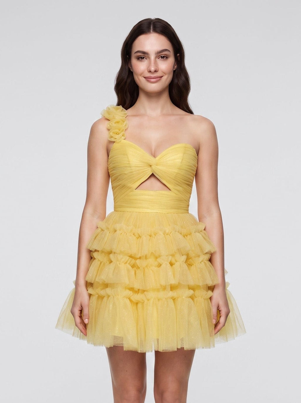 Lemon Tulle A-Line One Shoulder Lace-up Short Dress with Knotted Bodice and 3D Flower - Curvevia