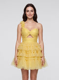Lemon Tulle A-Line One Shoulder Lace-up Short Dress with Knotted Bodice and 3D Flower - Curvevia