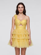 Lemon Tulle A-Line One Shoulder Lace-up Short Dress with Knotted Bodice and 3D Flower - Curvevia