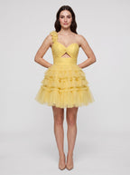 Lemon Tulle A-Line One Shoulder Lace-up Short Dress with Knotted Bodice and 3D Flower - Curvevia