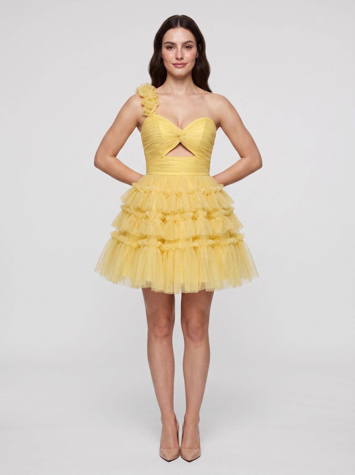 Lemon Tulle A-Line One Shoulder Lace-up Short Dress with Knotted Bodice and 3D Flower - Curvevia
