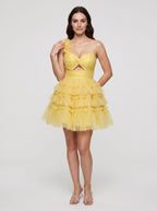 Lemon Tulle A-Line One Shoulder Lace-up Short Dress with Knotted Bodice and 3D Flower - Curvevia