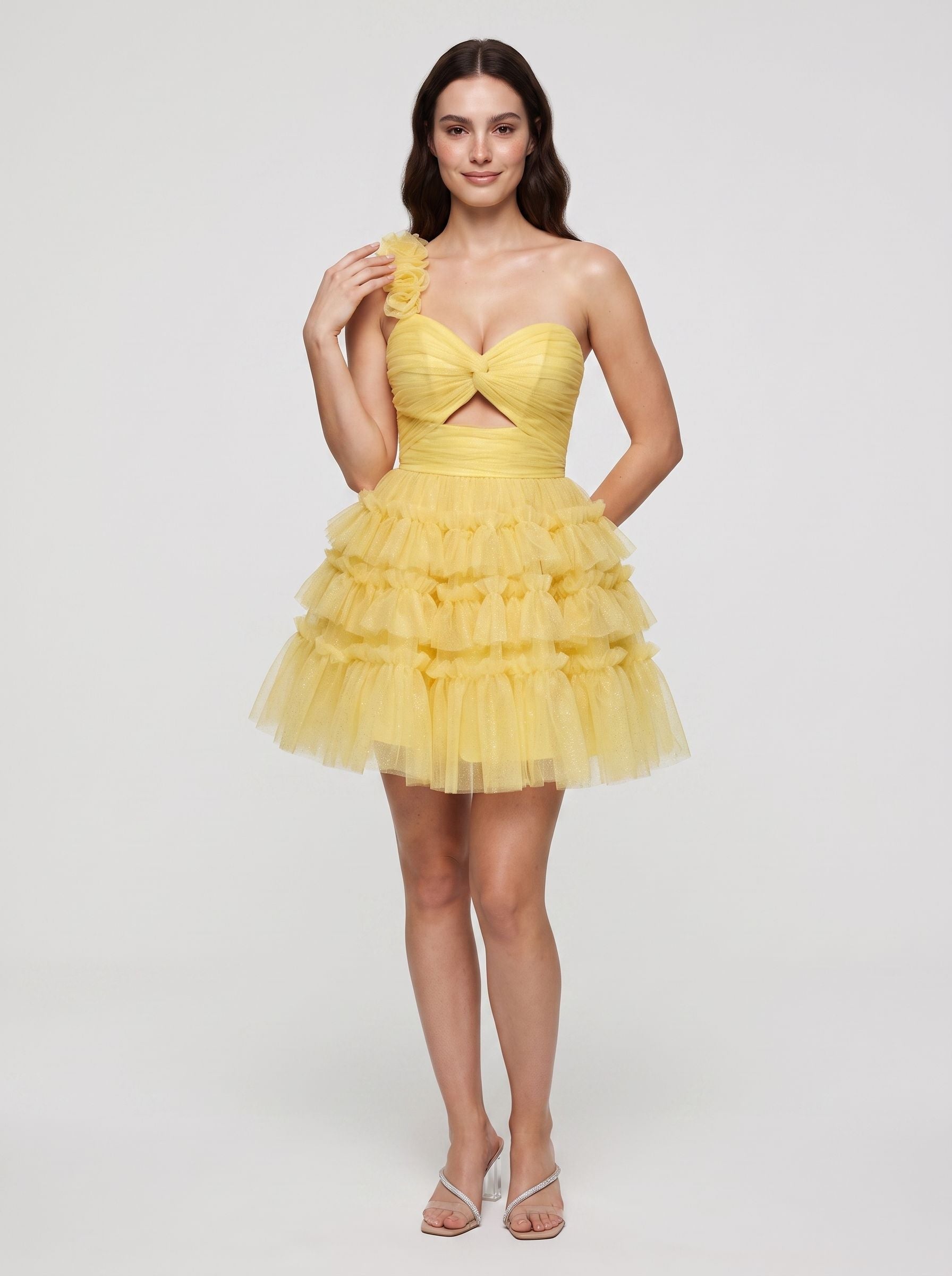 Lemon Tulle A-Line One Shoulder Lace-up Short Dress with Knotted Bodice and 3D Flower - Curvevia