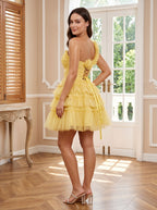 Lemon Tulle A-Line One Shoulder Lace-up Short Dress with Knotted Bodice and 3D Flower - Curvevia