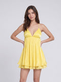 Lemon Tulle A-Line V-Neck Criss-Cross Straps Short Dress with Pleated Bodice - Curvevia
