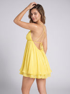 Lemon Tulle A-Line V-Neck Criss-Cross Straps Short Dress with Pleated Bodice - Curvevia