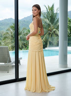 Daffodil Chiffon A-Line Square Neck Lace-up Floor-Length Dress - Curvevia