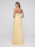 Daffodil Chiffon A-Line Square Neck Lace-up Floor-Length Dress - Curvevia