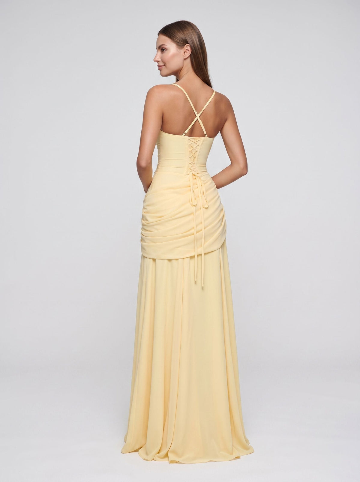 Daffodil Chiffon A-Line Square Neck Lace-up Floor-Length Dress - Curvevia