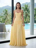 Daffodil Chiffon A-Line Square Neck Lace-up Floor-Length Dress - Curvevia