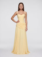 Daffodil Chiffon A-Line Square Neck Lace-up Floor-Length Dress - Curvevia