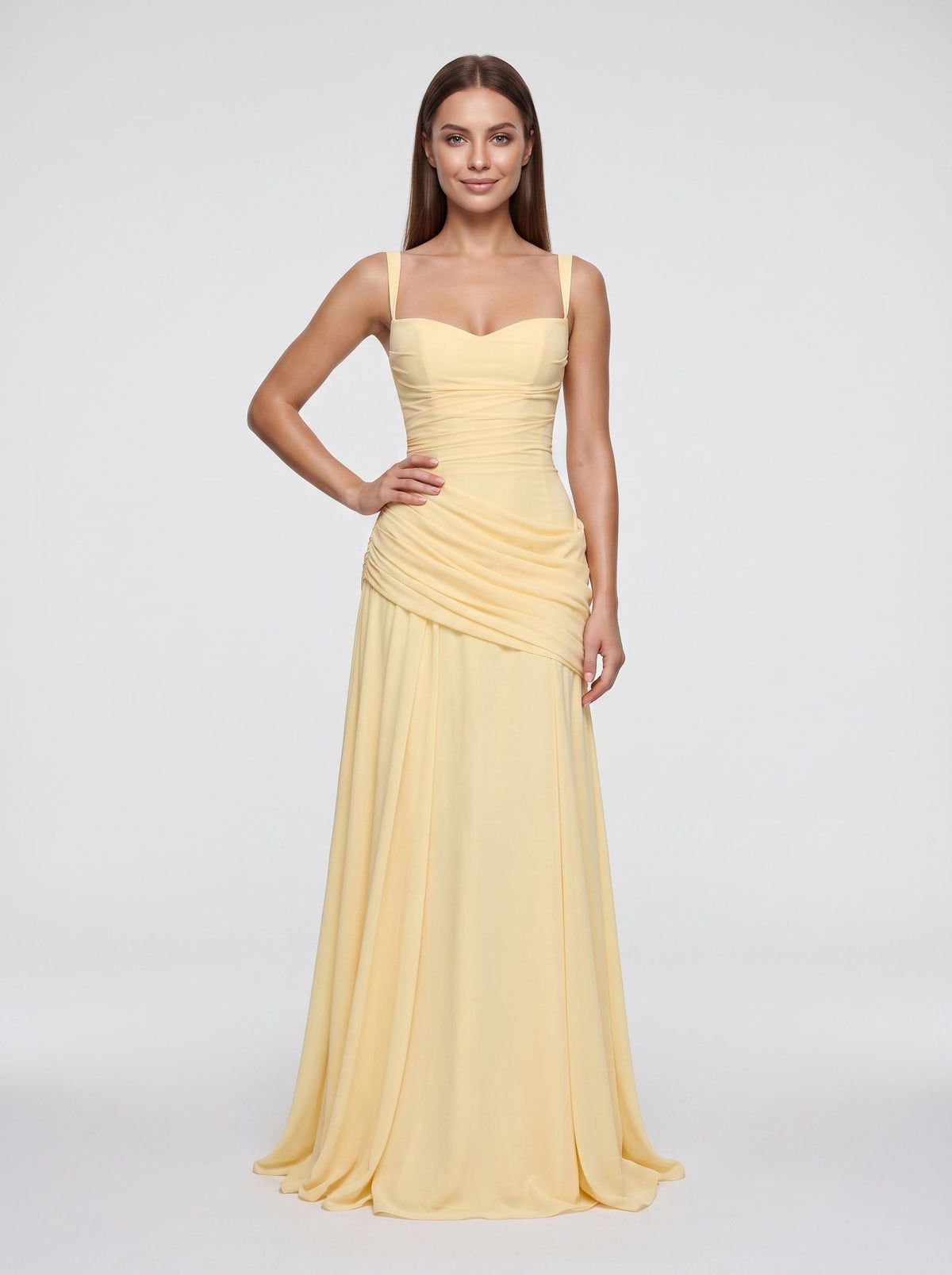 Daffodil Chiffon A-Line Square Neck Lace-up Floor-Length Dress - Curvevia