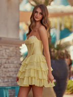 Yellow A-Line Sweetheart Corset Ruffle Homecoming Dress With Applique - Curvevia