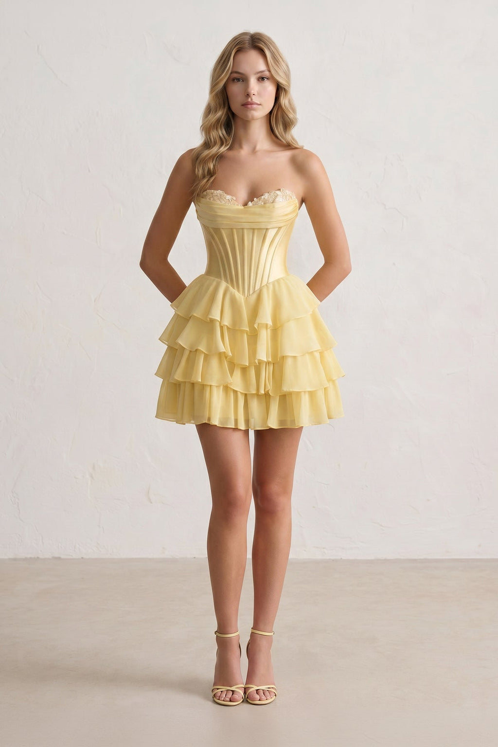 Yellow A-Line Sweetheart Corset Ruffle Homecoming Dress With Applique - Curvevia