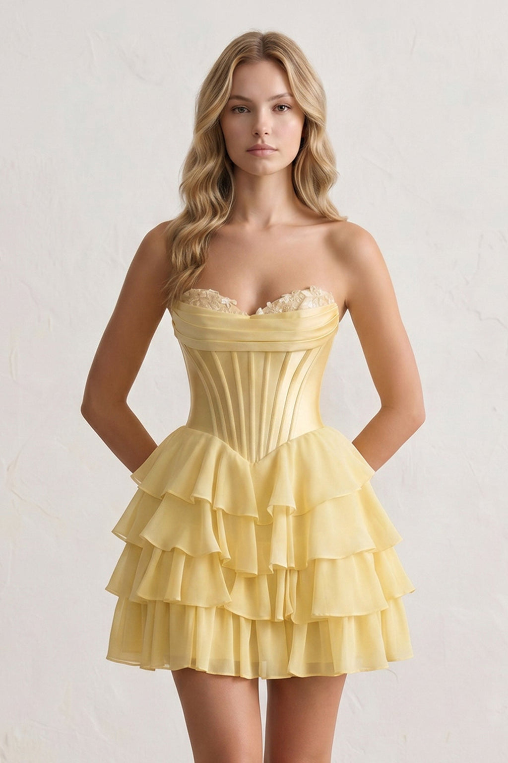 Yellow A-Line Sweetheart Corset Ruffle Homecoming Dress With Applique - Curvevia