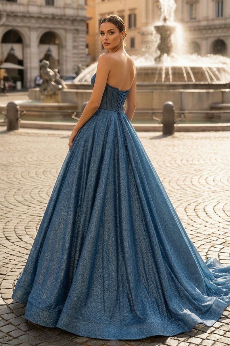 Navy Blue Sequin Beaded Sweetheart A-Line Long Prom Dress - Curvevia
